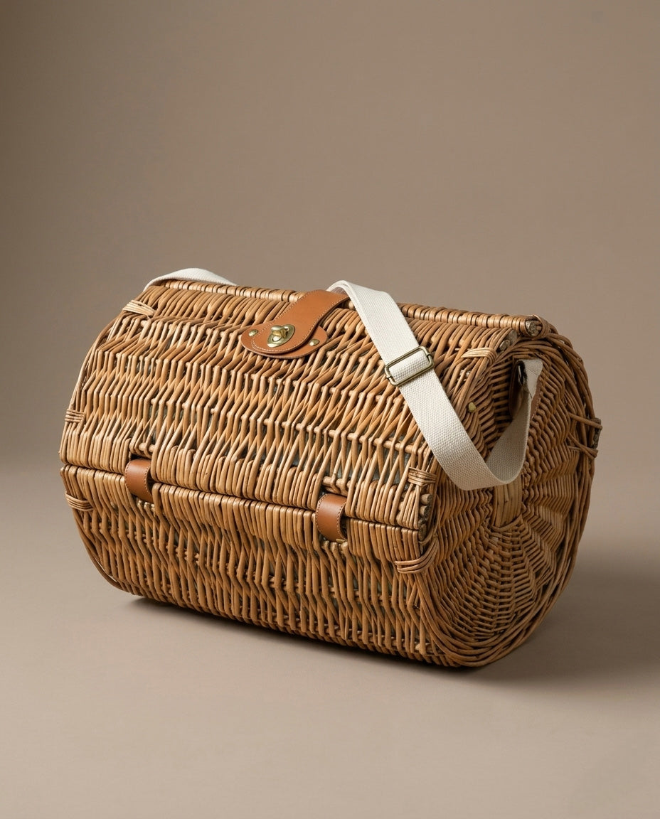 Fortingall cylindrical rattan picnic basket – handwoven natural materials