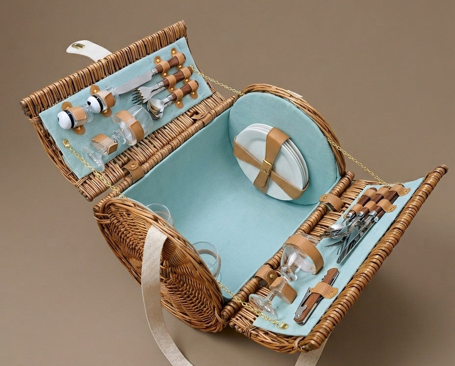 Open wicker picnic basket with cutlery and glassware on a brown background