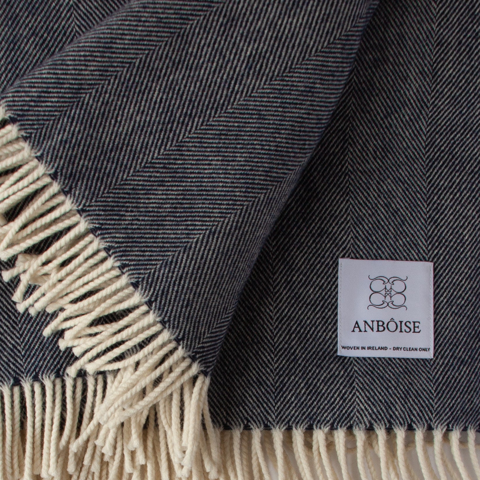 Eden extra‑large navy herringbone Merino wool throw – woven in Ireland - Anboise