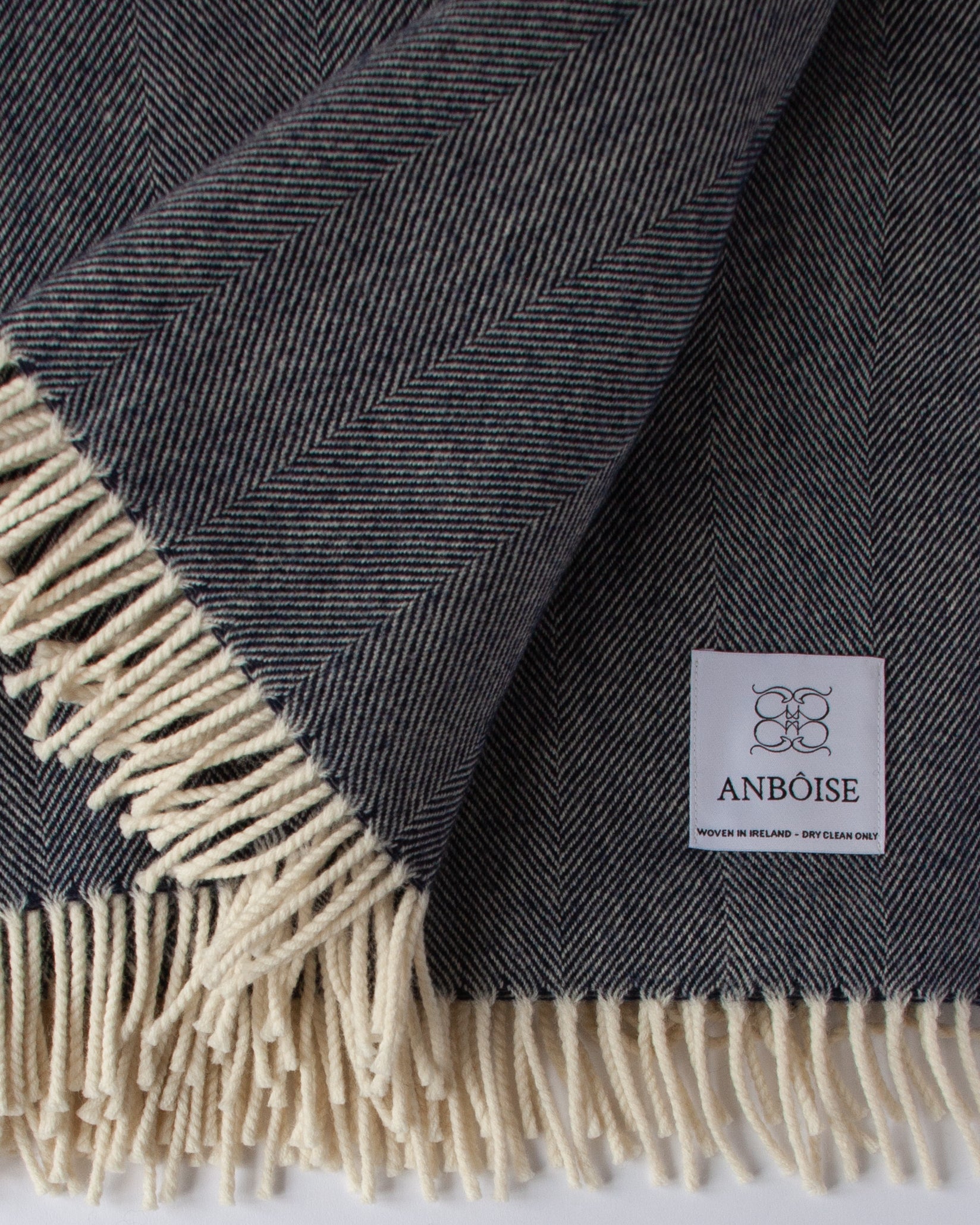 Eden extra‑large navy herringbone Merino wool throw – woven in Ireland - Anboise