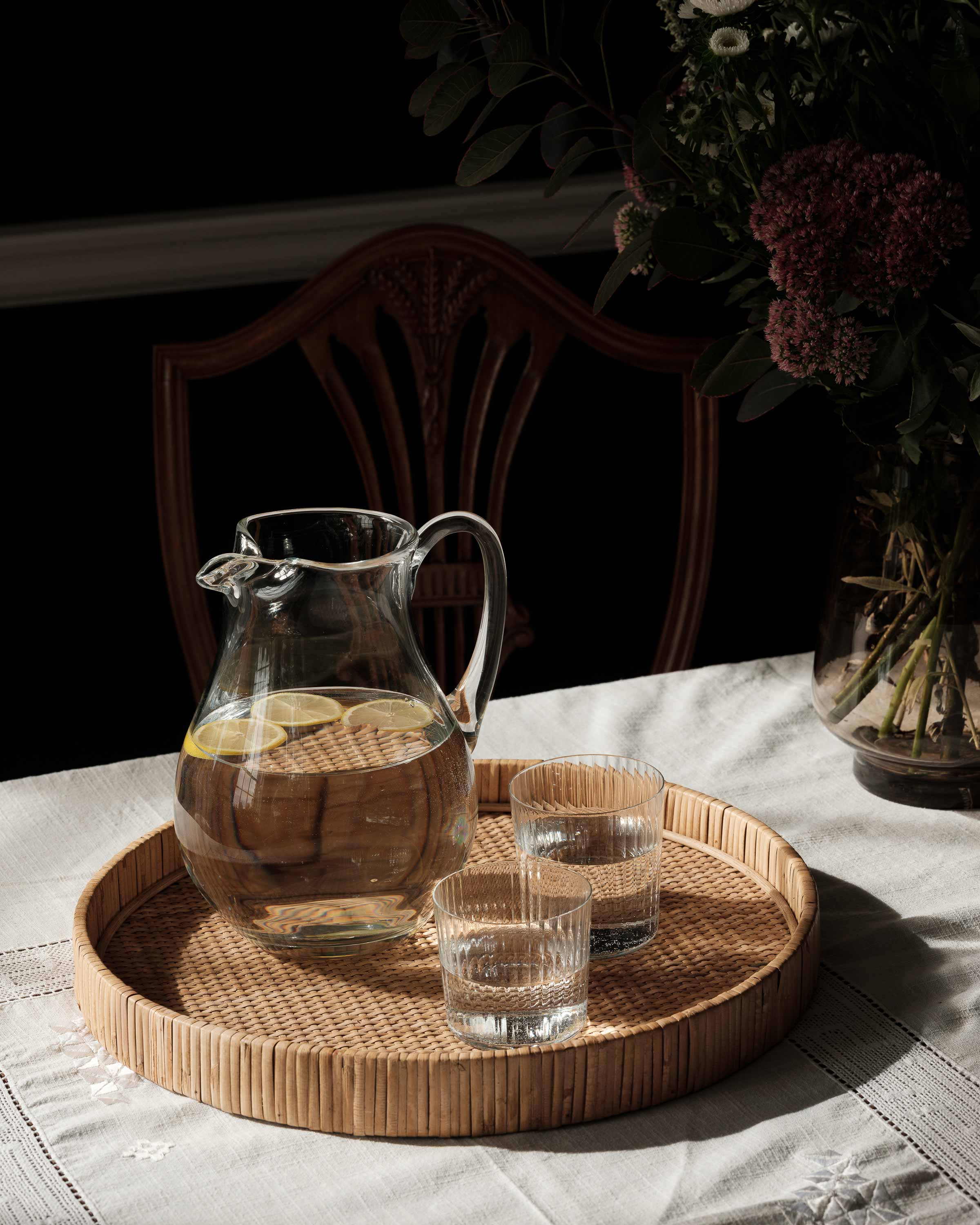 June tray styled as drinks tray with glasses and jug - Anboise